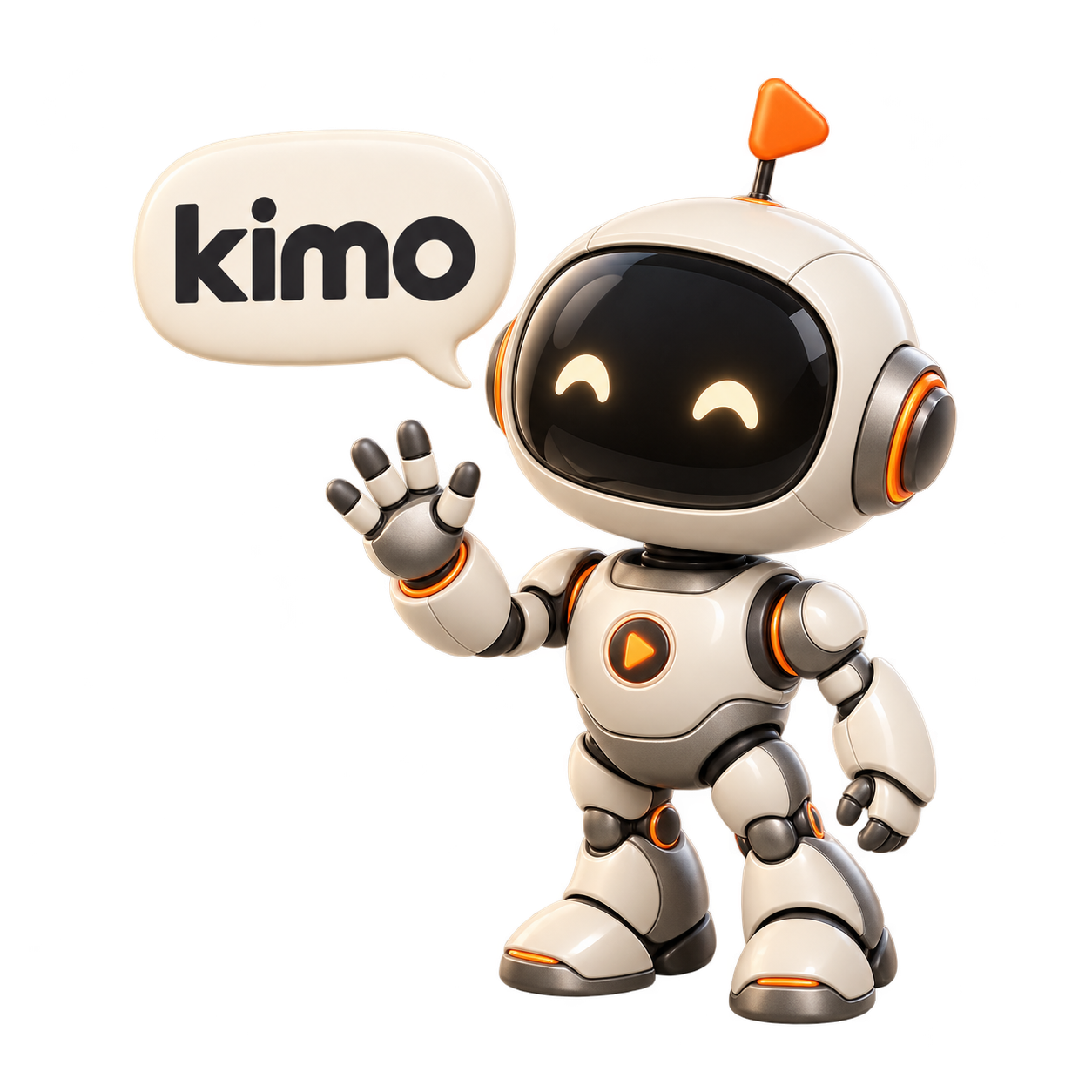 A friendly cream and orange robot waving and saying kimo
